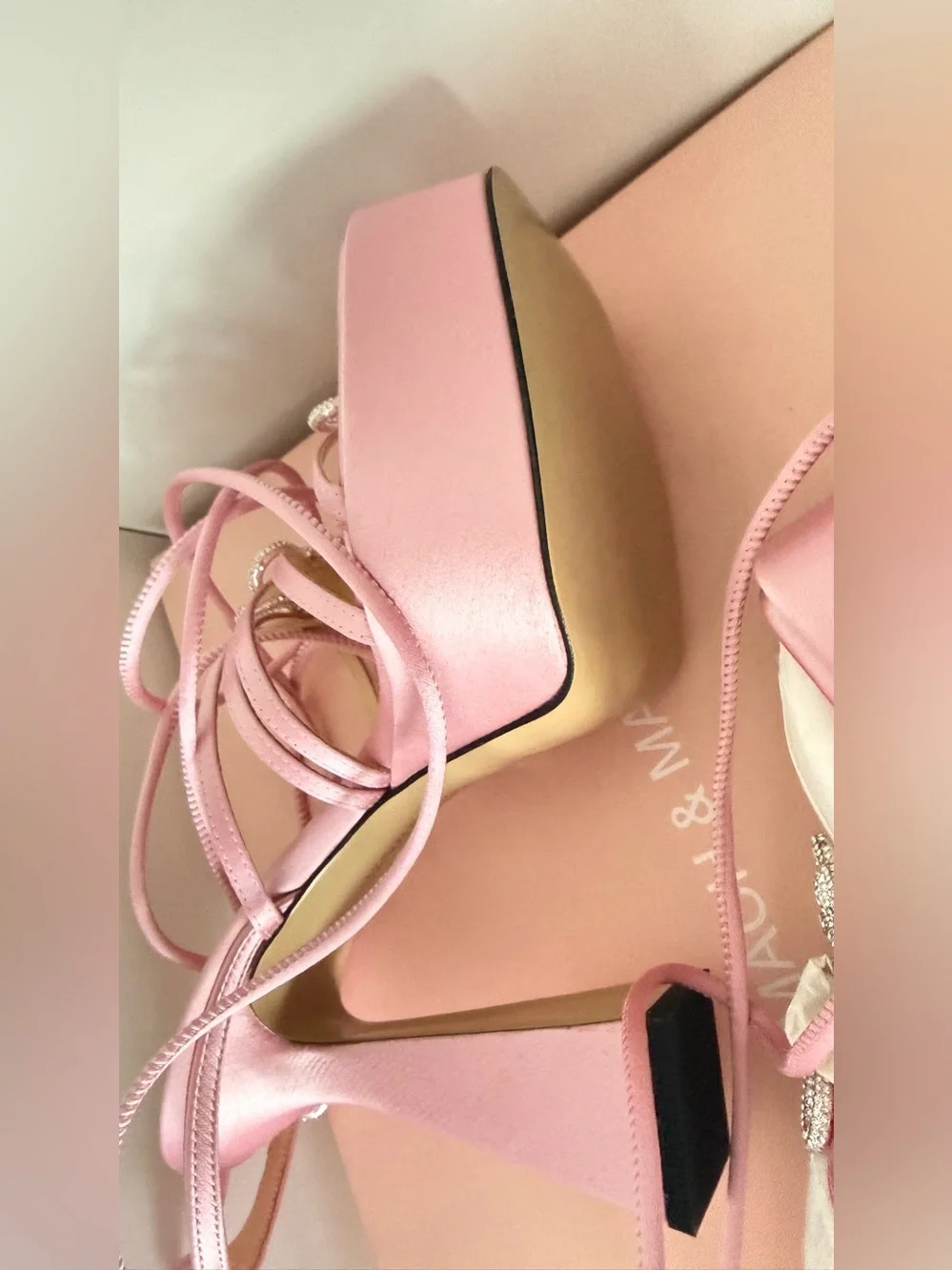 Mach & Mach Pink Satin Double Bow Crystal Embellished Platform Sandals size 38